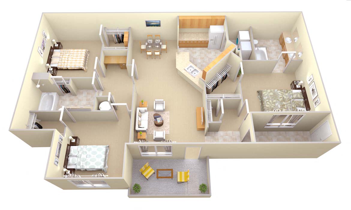 Floor plan for 3 beds, 2 baths, 1485 sqft